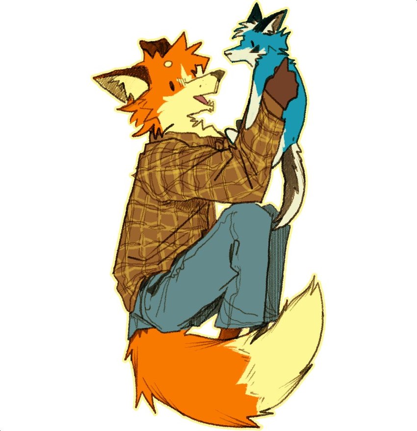 anthro blue_body blue_fur bottomwear clothed clothing denim denim_bottomwear denim_clothing dipstick_tail dot_eyes fully_clothed fur holding_another inner_ear_fluff jeans looking_at_another male markings open_mouth orange_body orange_fur pants pattern_clothing pattern_shirt pattern_topwear plaid plaid_clothing plaid_shirt plaid_topwear shirt simple_background sitting size_difference solo tail tail_markings topwear tuft white_background serpent_x canid canine fox mammal