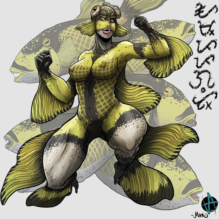 5_fingers ambiguous_feral ambiguous_gender arm_fins biped black_text blonde_eyebrows breasts cheek_fins countershade_face countershade_neck countershade_skin countershading dorsal_fin eyebrows eyes_on_head fangs featureless_crotch female female_focus female_humanoid feral fin fingers fist glistening glistening_body glistening_eyes glistening_skin gloves_(marking) green_markings green_stripes grey_background group horizontal_pupils humanoid_focus leg_fin leg_fins lips logo markings multicolored_body multicolored_skin navel nipples non-mammal_breasts non-mammal_navel non-mammal_nipples nude nude_female nude_humanoid pink_lips plaid plaid_markings plaid_skin pose pupils purple_lips simple_background solo_focus striped_arms striped_body striped_legs striped_skin stripes teeth text thick_thighs thigh_fin white_body white_countershading white_markings white_stripes yellow_body yellow_countershading yellow_eyes yellow_fins yellow_lips yellow_markings yellow_skin markoriginals mermay mermay_2023 actinopterygii fish humanoid marine tetraodontiform titan_triggerfish triggerfish 1:1 2023 absurd_res artist_logo artist_name baybayin_text colored digital_drawing_(artwork) digital_media_(artwork) hi_res pinup shaded signature