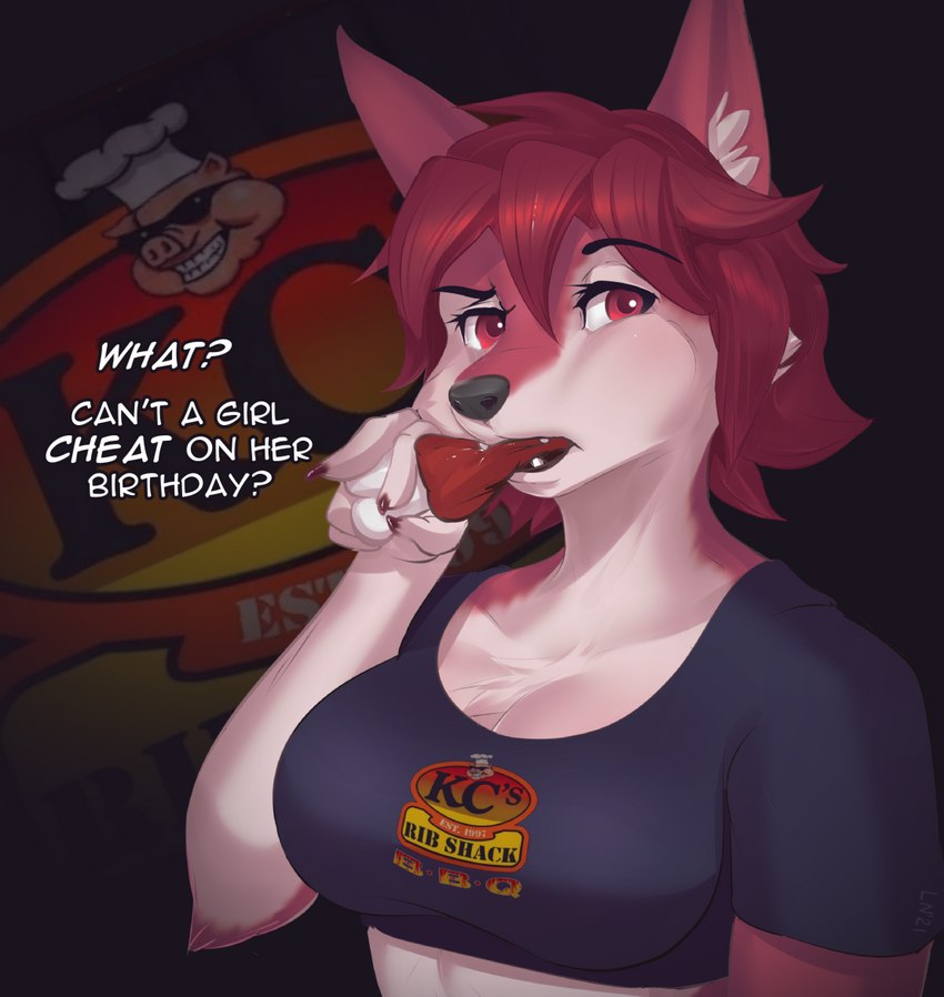 anthro breasts clothed clothing dialogue eating female food food_in_mouth hair meat pink_body pink_eyes pink_hair short_hair solo text littlenapoleon regys_(carp) canid canine fox mammal 2021 english_text