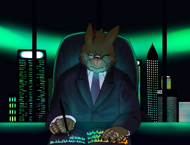 anthro biped city cityscape clothed clothing cybernetics front_view holding_object inside machine male science_fiction sitting solo suit writing_text hysk cyborg mammal restricted_palette