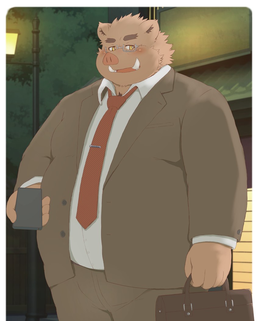 anthro belly big_belly blush cellphone clothing detailed_background electronics eyewear glasses humanoid_hands kemono male necktie night outside overweight overweight_male phone shirt smartphone solo topwear ibuki_haruno mammal suid suina sus_(pig) wild_boar 2022 absurd_res hi_res