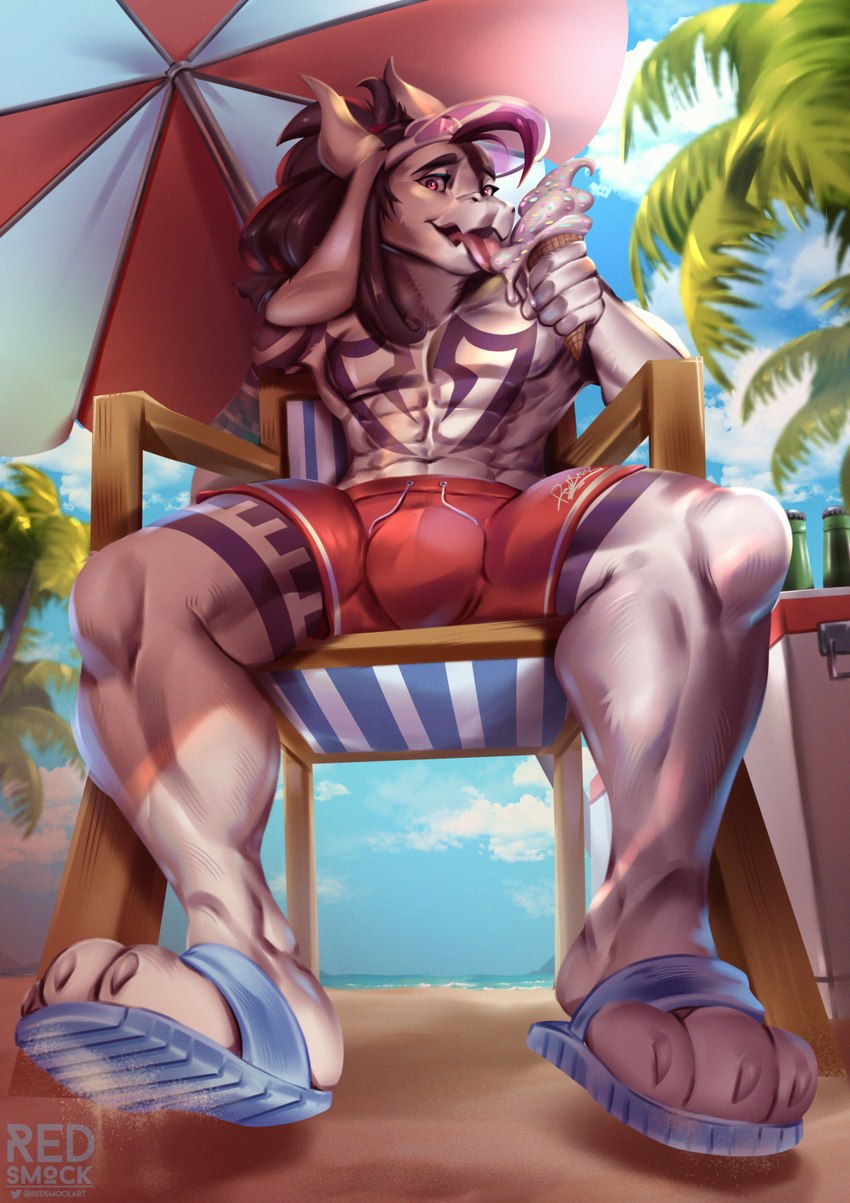 abs anthro arm_tattoo beach biceps big_bulge bulge chest_tattoo clothed clothing dessert detailed_background feet food fur hair hat headgear headwear horn ice_cream leg_tattoo licking_ice_cream long_hair looking_at_viewer low-angle_view male muscular muscular_anthro muscular_male nude open_mouth outside palm_tree partially_clothed paws pecs plant red_eyes sand sea seaside sky smile solo spread_legs spreading summer sun swimming_trunks swimwear tattoo toes tongue tongue_out topless tree umbrella underwear water white_body redsmock lexur bovid caprine goat mammal digital_media_(artwork) hi_res