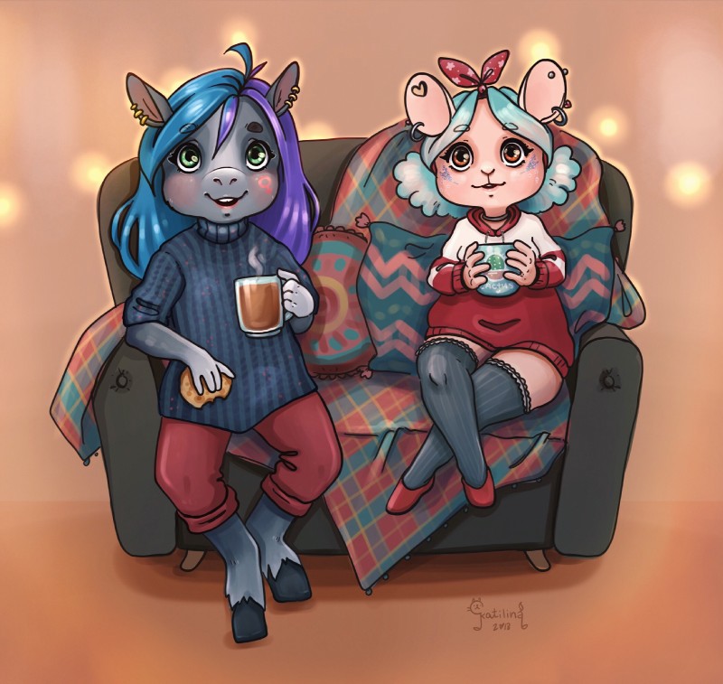 anthro beverage clothed clothing duo ear_piercing ear_ring female fully_clothed furniture legwear piercing ring_piercing sofa stockings tea katilina_(artist) equid equine horse mammal mouse murid murine rodent hi_res