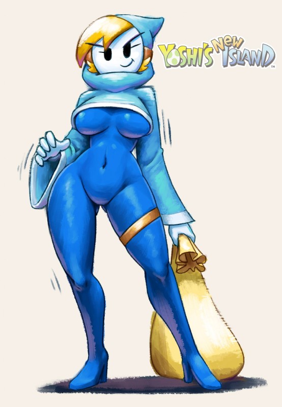 bag big_breasts black_eyes blonde_hair blue_body blue_skin bodysuit breasts clothed clothing featureless_crotch female footwear hair high_heels hood looking_at_viewer mask not_furry shoes simple_background skinsuit smile smirk solo standing sweater text tight_clothing topwear under_boob wide_hips minus8 mario_bros nintendo bandit_(mario) shyguy featureless_(disambiguation) 2018 absurd_res digital_media_(artwork) english_text hi_res