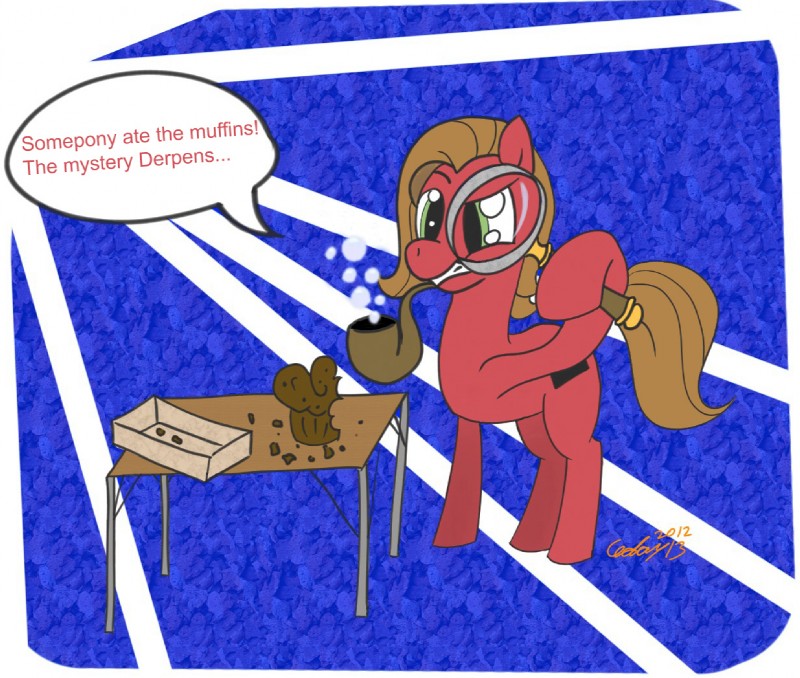 box brown_hair bubble container cutie_mark dessert female feral food furniture green_eyes hair humor magnifying_glass muffin pastry pie pipe quadruped smoking_pipe solo table tail text unknown_artist ask_pun hasbro my_little_pony tumblr fan_character pun_pony earth_pony equid equine horse mammal pony 2012 english_text