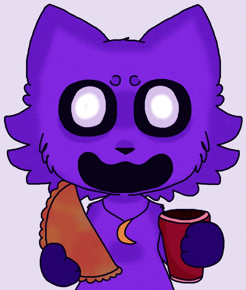 anthro container cup empanada food fur jewelry looking_at_viewer male nude open_mouth pastry purple_body purple_fur simple_background smile white_background sosu-the-blue-wolf mob_entertainment poppy_playtime smiling_critters catnap_(poppy_playtime) critters_(poppy_playtime) domestic_cat felid feline felis mammal colored digital_drawing_(artwork) digital_media_(artwork) hi_res meme shaded