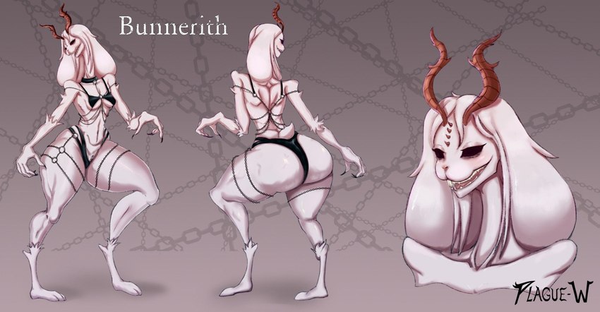 anthro antlers big_butt breasts buckteeth bunny_nose butt claws clothing female horn huge_butt lingerie monster_girl_(genre) scut_tail short_tail small_breasts solo tail teeth thick_thighs wide_hips plague_w bunnerith_(plague-w) demon jackalope lagomorph mammal hi_res model_sheet