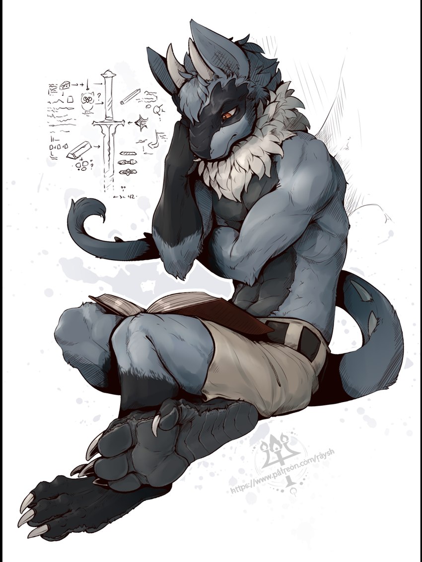 anthro black_body black_pawpads black_scales blue_body blue_fur book bottomwear claws clothed clothing dewclaw feet foot_focus full_pad fur horn male neck_tuft orange_eyes pawpads paws scales scaly_pawpads shirtless shorts shorts_only sitting studying tail tail_spines tan_body tan_fur toe_claws topless tuft wings kredri lost_in_chaos_scar nintendo pokemon squirrel_(lost_in_chaos) squirrel_(razim) drackal generation_4_pokemon hybrid kobold pokemon_(species) riolu 2024 hi_res