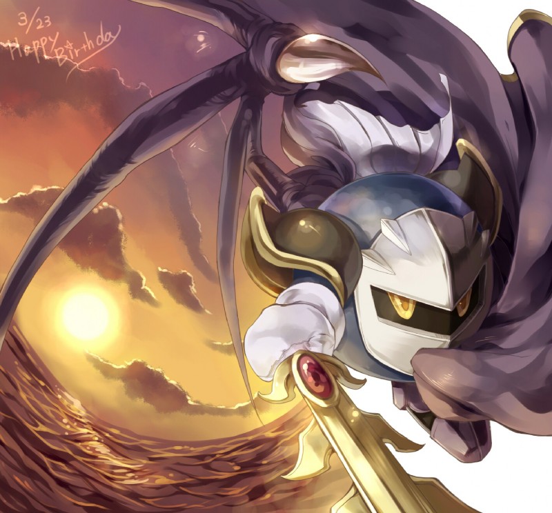 cape clothing cloud fisheye_lens galaxia_(sword) gloves handwear male mask melee_weapon sea seven-branched_sword shoulder_pads solo sun sunset sword water weapon wings janis_igaderu kirby_(series) nintendo meta_knight alien digital_media_(artwork) hi_res