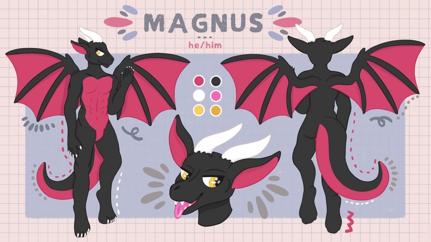 anthro black_body black_scales horn male muscular open_mouth pink_body pink_scales scales solo tail wings yellow_eyes mythology magnus dragon mythological_creature mythological_scalie reptile scalie absurd_res hi_res model_sheet