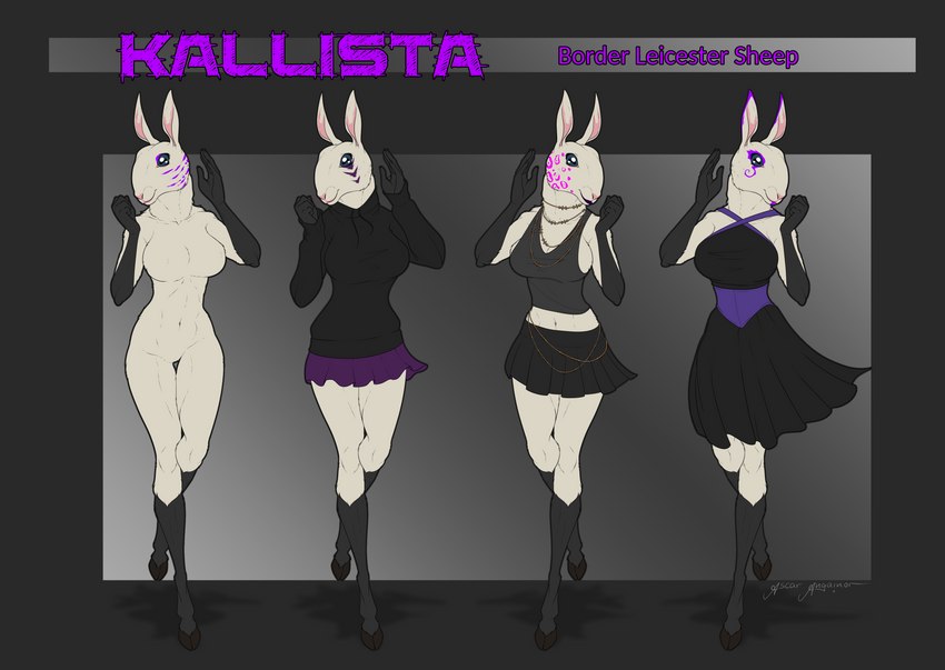 alternative_fashion anthro big_breasts biped bottomwear breasts clothed clothing dress facial_markings female goth head_markings markings pullover skirt solo standing text ascar_angainor border_leicester bovid caprine domestic_sheep mammal sheep absurd_res english_text hi_res model_sheet