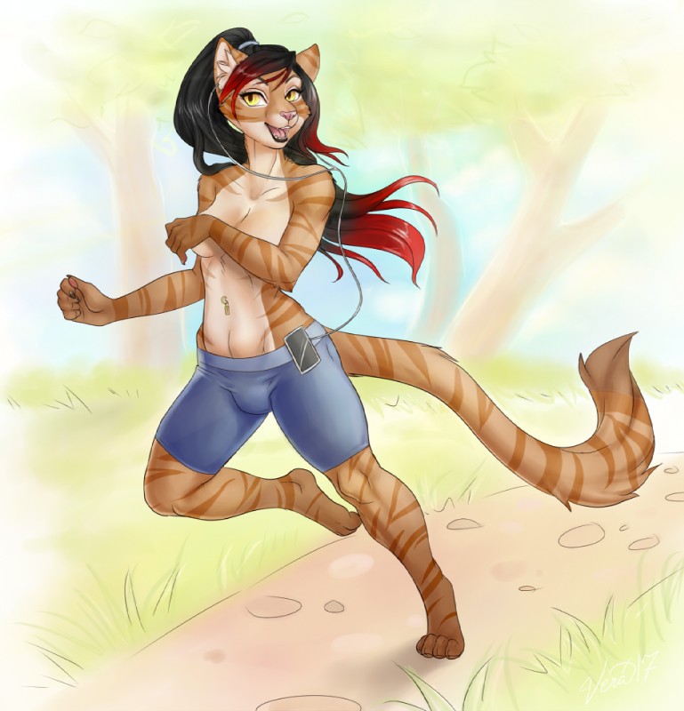 anthro breasts clothed clothing exercise female jogging nude topless vera_(artist) audrie_firepaw domestic_cat felid feline felis mammal tabby_cat