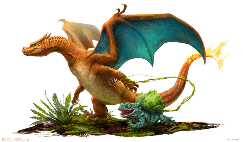 ambiguous_gender claws duo feral grass membrane_(anatomy) membranous_wings moss orange_body orange_scales photorealism plant scales tail wings arvalis nintendo pokemon bulbasaur charizard generation_1_pokemon pokemon_(species) 2021 absurd_res digital_media_(artwork) hi_res