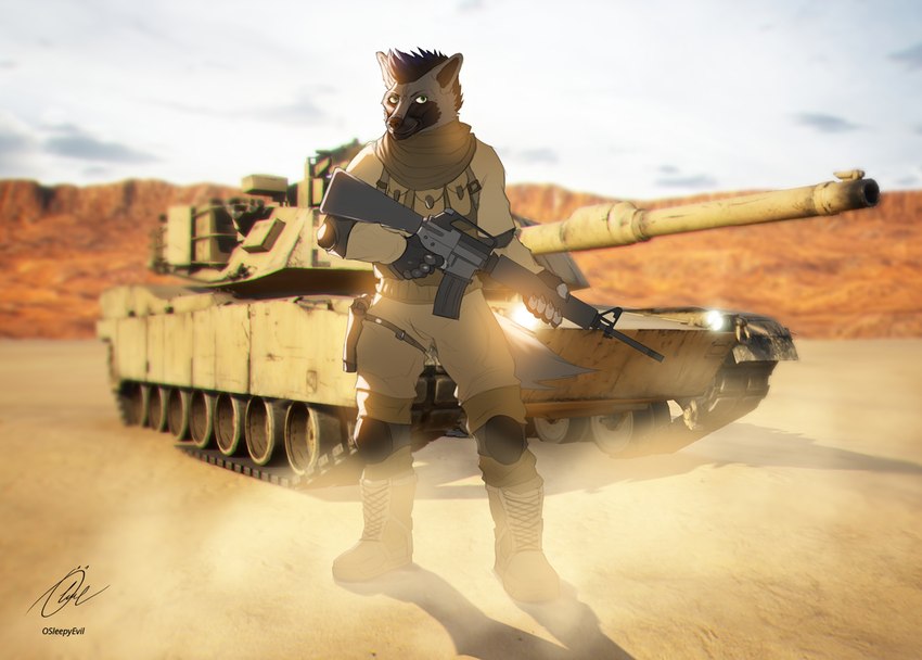 anthro army army_outfit army_uniform assault_rifle battlefield black_clothing black_fingerless_gloves black_gloves black_handwear blue_hair boots bottomwear brown_bottomwear brown_clothing brown_pants brown_shirt brown_topwear bulletproof_vest claws clothing combat_boots combat_gear desert dominant dominant_anthro dominant_male dust elbow_pads fingerless_gloves footwear fur gloves green_bottomwear green_clothing green_eyes green_pants green_shirt green_topwear grey_body grey_fur gun gun_holster hair handgun handwear holding_assault_rifle holding_gun holding_object holding_ranged_weapon holding_rifle holding_shotgun holding_weapon knee_pads looking_at_viewer male manly military military_clothing military_gear military_pants military_uniform military_vehicle muscular muscular_anthro muscular_male outside pants pistol pistol_holster ranged_weapon rifle sand scarf shirt shoes shotgun soldier solo standing tactical_gear tactical_gloves tactical_load_carring_vest tactical_pants tail tank_(vehicle) topwear uniform vehicle warrior warzone weapon weapon_holster osleepyevil donovan_ferraro canid canine canis mammal wolf digital_media_(artwork)