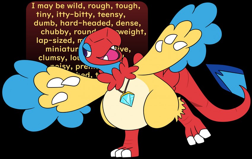 3_fingers 3_toes beak blue_wings dialogue feet fingers fur gem purple_eyes red_beak red_tail simple_background tail text text_in_background toes transparent_background wall_of_text wings yellow_body yellow_fur yellow_text yellow_wings bloatable nintendo pokemon small_(bloatable) archen fossil_pokemon generation_5_pokemon pokemon_(species) alpha_channel hi_res