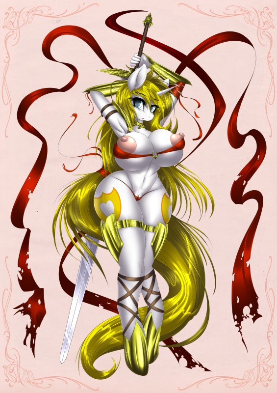 anthro areola armor big_breasts big_nipples blue_eyes breasts camel_toe clothing curvy_figure female genitals horn huge_breasts looking_at_viewer melee_weapon navel nipple_dip nipples nude panties puffy_nipples pussy solo sword thong unconvincing_armor underwear weapon mirapony hasbro my_little_pony mythology fan_character white_heart_(oc) equid equine mammal mythological_creature mythological_equine unicorn 2018 absurd_res hi_res