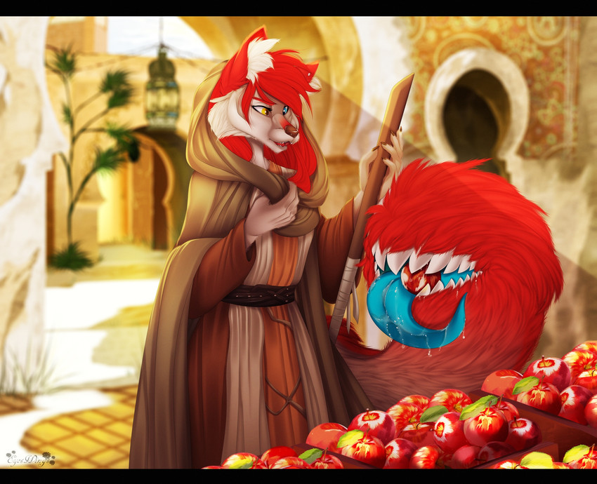 anthro apple bazaar belt blue_eyes cloak clothing ear_piercing eating eating_food female food fruit fur hair heterochromia hood hood_up inner_ear_fluff market_stall merchandise piercing plant quarterstaff red_body red_fur red_hair robe shopping solo staff tail tail_mouth tongue tongue_out tuft unusual_anatomy unusual_tail yellow_eyes eyeswings legend_of_ahya ahya_(legend_of_ahya) taylor_renee_wolford_(darkflamewolf) canid canine canis mammal wolf hi_res