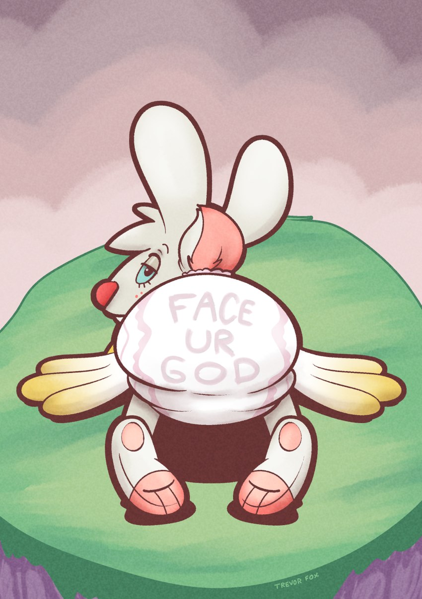 buckteeth clothed clothing diaper diaper_fetish feathered_wings feathers freckled_face freckles red_nose teeth text text_on_clothing wearing_diaper wings trevor-fox angel_hare the_east_patch angel_gabby angel lagomorph leporid mammal rabbit hi_res