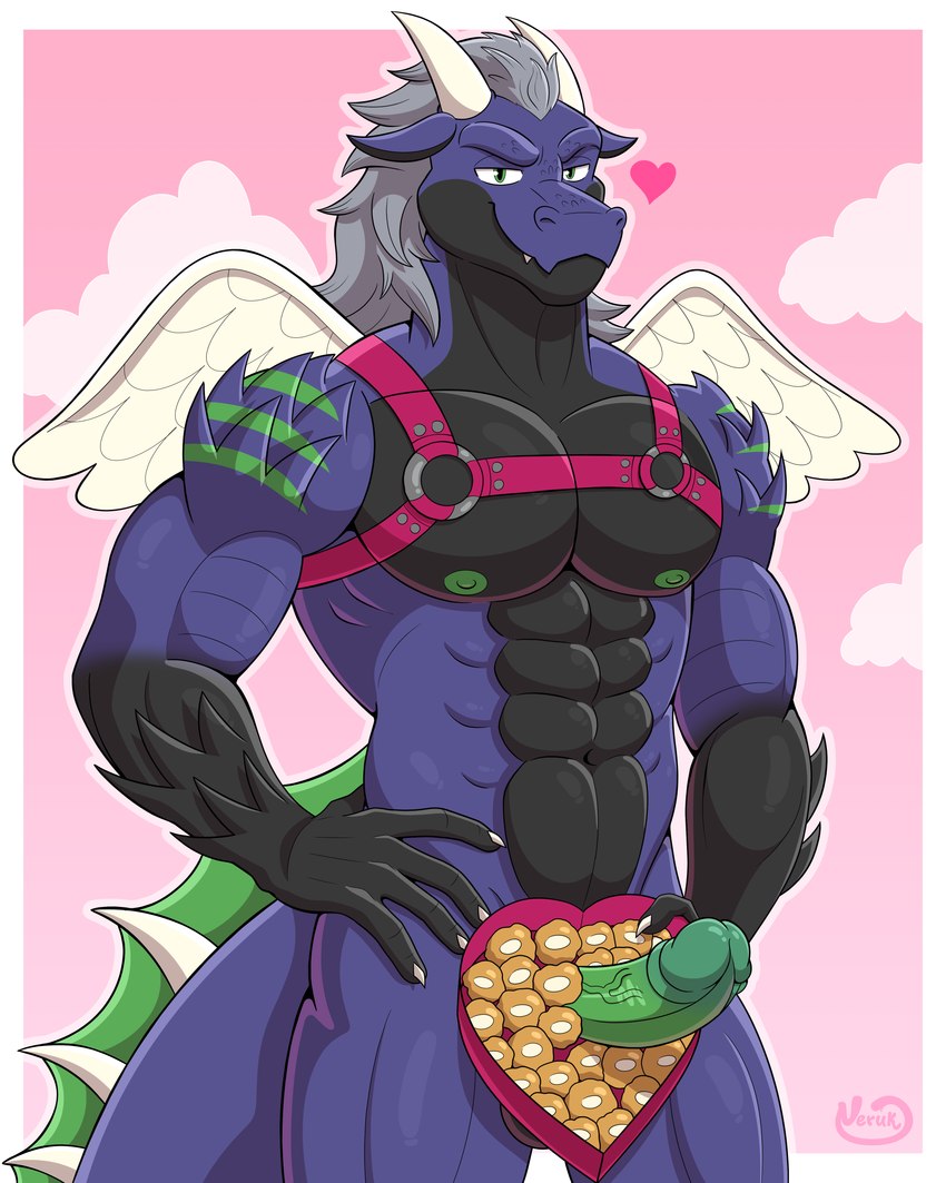 abs anthro balls bedroom_eyes biceps big_muscles big_penis black_body blue_body box_of_chocolates butt candy chocolate dessert erection feathered_wings feathers food genitals green_body hand_on_hip harness harness_only heart_symbol holidays looking_at_viewer male mischievous mischievous_smile multicolored_body muscular muscular_anthro muscular_male narrowed_eyes outline peeking_penis penis pink_background scales seductive simple_background solo spikes spikes_(anatomy) standing tail triceps vein veiny_penis white_outline wings neruk mythology valentine's_day cupid dragon mythological_creature mythological_scalie scalie absurd_res half-length_portrait hi_res portrait