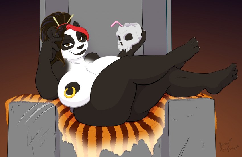 anthro areola big_breasts black_areola black_hair black_nipples bone breasts chair curvy_figure drinking_straw feet female fur_rug furniture hair highlights_(coloring) holding_skull huge_breasts looking_at_viewer lounging nipple_piercing nipples nude piercing red_highlights skull solo thick_thighs throne voluptuous wide_hips jklind blizzard_entertainment warcraft ikusame bear mammal pandaren unavailable_at_source