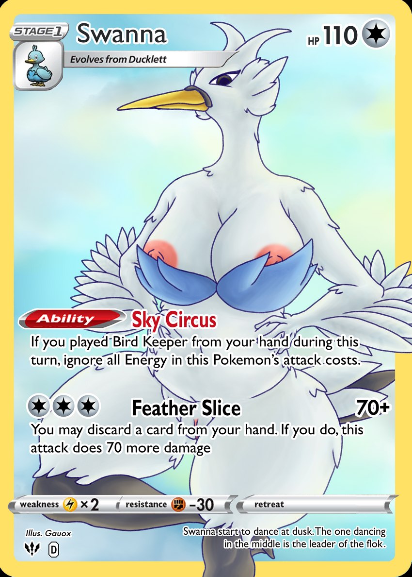 anthro areola beak breasts cloud custom_cards feathers female genitals nipples pink_areola pink_nipples pokemon_card pussy sky solo text white_body gauox nintendo pokemon anatid anseriform anserinae avian bird generation_5_pokemon pokemon_(species) swan swanna absurd_res english_text hi_res