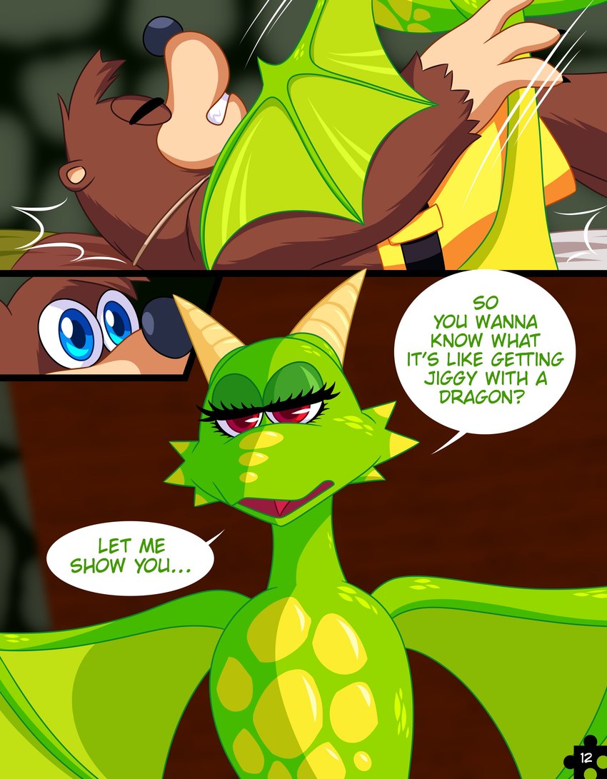 anthro anthro_on_feral bed bestiality dialogue duo female feral furniture green_body green_scales green_text male male/female membrane_(anatomy) membranous_wings pinned_to_bed scales speech_bubble text wings skelly_doll banjo-kazooie mythology rareware banjo_(banjo-kazooie) dragon_kazooie kazooie bear dragon mammal mythological_creature mythological_scalie scalie absurd_res comic english_text hi_res