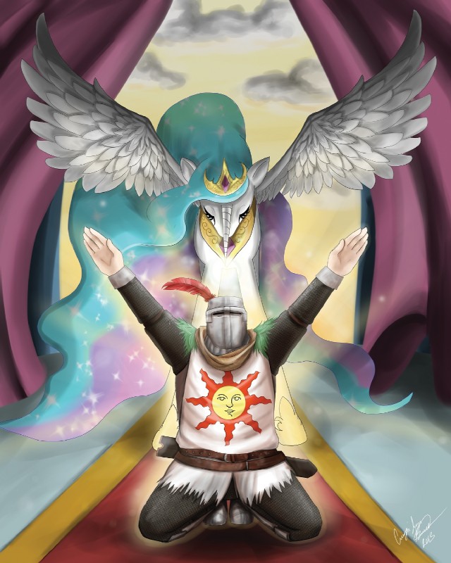 princess celestia and solaire of astora (praise the sun (meme) and etc) created by unknown artist