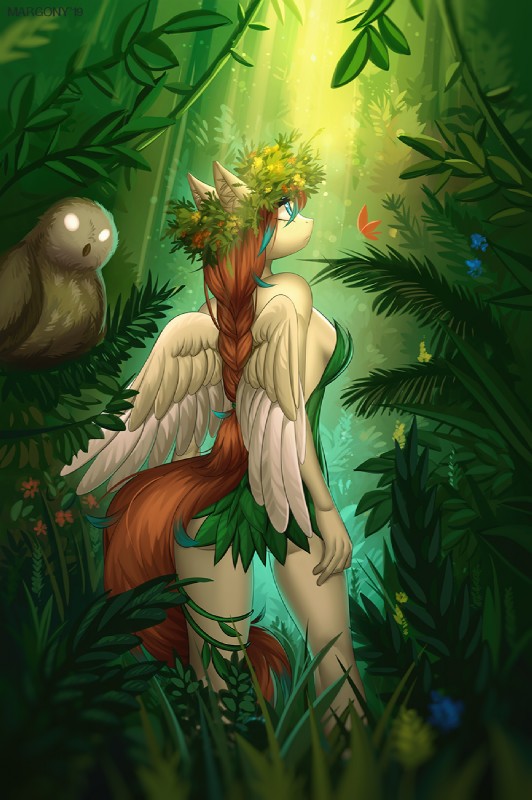 ambiguous_gender anthro blue_eyes brown_hair butt butt_pose duo feathered_wings feathers female feral hair pose simple_background standing white_background wings margony mythology avian bird equid equine mammal mythological_creature mythological_equine owl pegasus 2019 digital_media_(artwork) hi_res