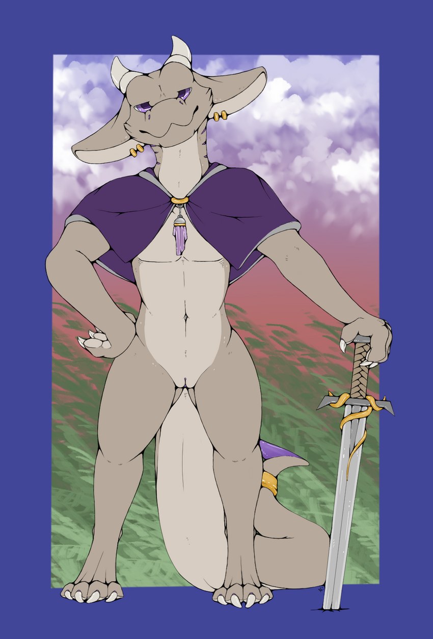 andromorph anthro big_ears claws clothed clothing countershading cowl crystal genitals intersex jewelry looking_at_viewer melee_weapon pantsless paws piercing purple_eyes purple_goo pussy solo sword weapon neshi laika_(neshi) goo_creature kobold scalie hi_res male_(lore)