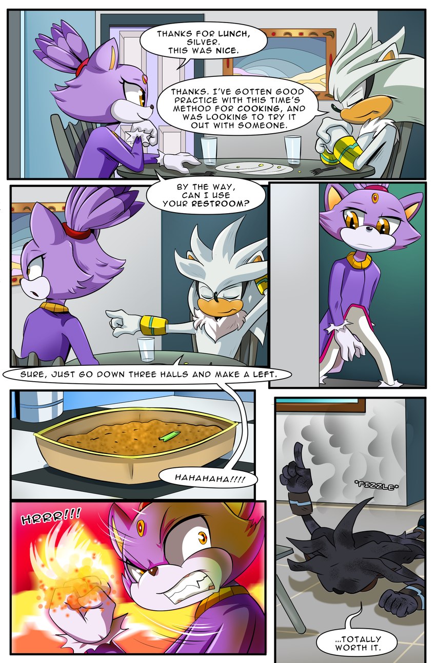 angry anthro burnt cat_litter container cup dialogue duo elemental_manipulation empty_plate female fire fire_manipulation fluffy fluffy_chest glass glass_container glass_cup humor male mlp-cam-co prank text sega sonic_the_hedgehog_(series) blaze_the_cat silver_the_hedgehog eulipotyphlan felid feline hedgehog mammal 2025 absurd_res comic english_text hi_res