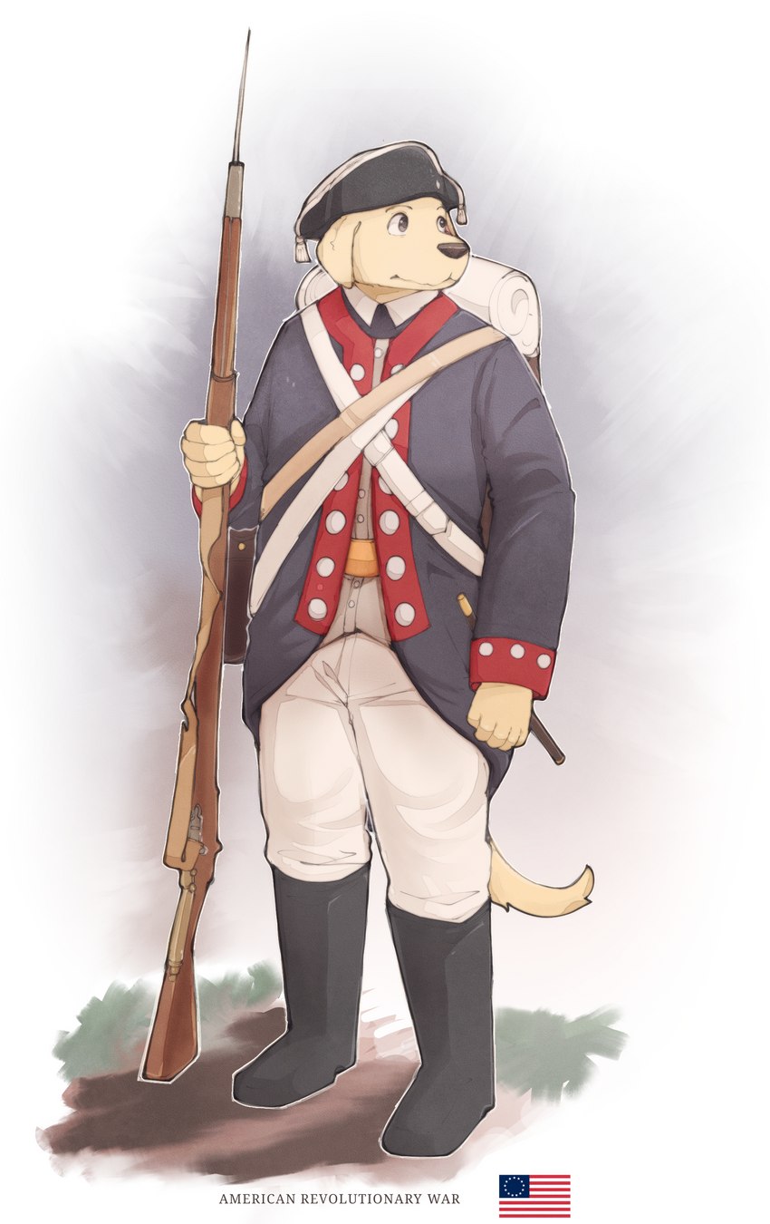 1700s anthro backpack boots clothed clothing footwear grass gun historical male military military_uniform musket musketeer napoleonic plant ranged_weapon rococo_clothing shoes soldier solo text tricorn_hat uniform united_states_of_america warrior weapon mitchthegoat beastars jack_(beastars) bird_dog canid canine canis domestic_dog hunting_dog labrador mammal retriever absurd_res english_description english_text hi_res