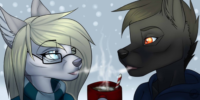 anthro beverage breath candy candy_cane chocolate clothed clothing dessert duo eyewear female food glasses hot_chocolate male open_mouth smile snow magic_(artist) canid canine mammal 2:1