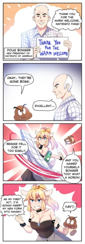 bald big_breasts black_clothing black_dress blonde_hair breasts cleavage clothed clothing cosplay crown disguise dress female hair headgear horn jewelry just_as_planned super_crown text merryweatherey princess_hinghoi bowsette_meme mario_bros nintendo bowser doug_bowser animal_humanoid goomba humanoid absurd_res artist_collaboration comic english_text hi_res meme