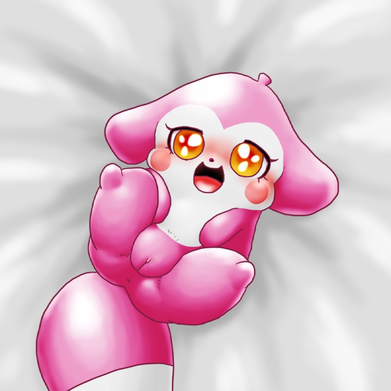 anthro anus bed_sheet bedding blush clitoris female fur genitals looking_at_viewer multicolored_body multicolored_fur pink_body pink_fur presenting pussy solo two_tone_body two_tone_fur white_body white_fur yellow_eyes kyuubi360 himitsu_no_cocotama cocotama 1:1