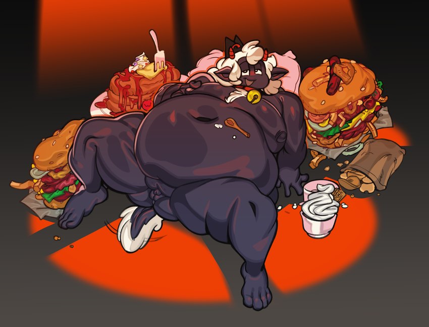 1_eye 2_horns 4_fingers 4_toes anthro areola balls bell bell_collar belly big_belly big_food biped black_areola black_body black_eyes black_inner_ear black_nipples black_skin bloated burger butt butt_from_the_front butter chest_tuft chips_(food) collar dairy_products deep_navel feet fingers flaccid food fries fruit fupa fur genitals glans grey_background horn hot_dog huge_belly humanoid_genitalia humanoid_penis lettuce light lying male moobs navel nipples obese obese_anthro obese_male on_back onion open_mouth overweight overweight_anthro overweight_male pancake penis pillow plant pointy_ears potato_chips prick_ears pupils red_light red_sclera scut_tail short_tail simple_background small_balls small_penis solo stuffing tail thick_thighs toes tomato tuft vegetable whipped_cream white_body white_fur white_pupils wool_(fur) submarine_screw cult_of_the_lamb massive_monster_(studio) lamb_(cult_of_the_lamb) red_crown_(cult_of_the_lamb) animate_inanimate bovid caprine mammal sheep 2024 hi_res lighting