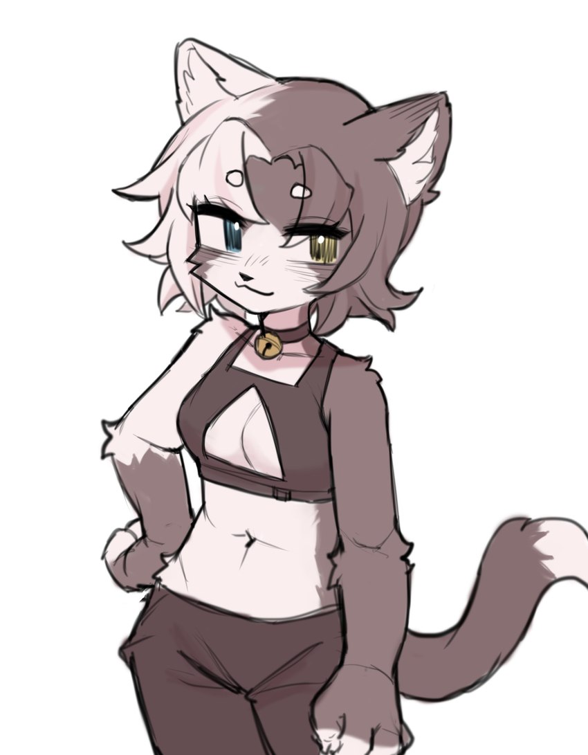 anthro bell bell_collar black_bottomwear black_clothing black_pants bottomwear bra cleavage_cutout clothing collar cutout female heterochromia keyhole_bra keyhole_clothing keyhole_underwear pants simple_background solo standing underwear white_background crayon_(artist) domestic_cat felid feline felis mammal hi_res