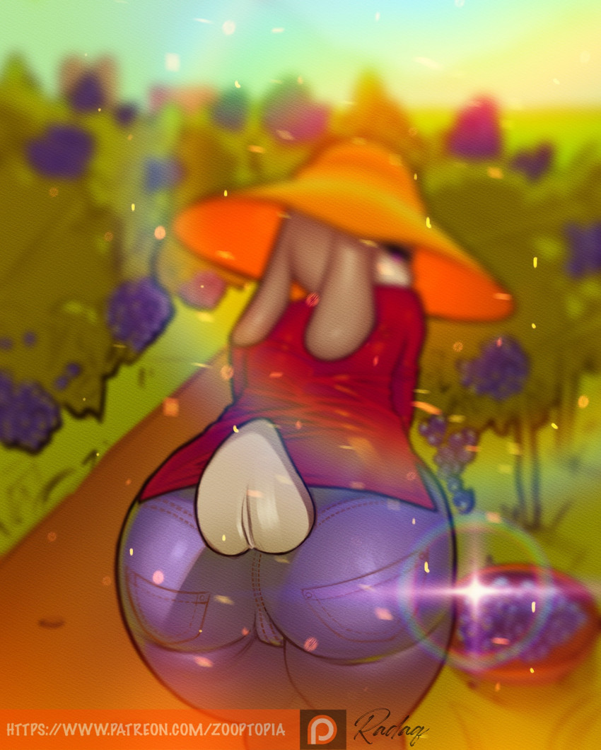 anthro bent_over blueberry_(fruit) blueberry_bush blurred_background bowl butt butt_focus clothing container curvy_figure ears_back female field food fruit hat headgear headwear lens_flare outside pivoted_ears plant pose rear_view scut_tail short_tail shrub solo tail text thick_thighs radaq disney zootopia judy_hopps lagomorph leporid mammal rabbit 2020 digital_media_(artwork) hi_res pinup url