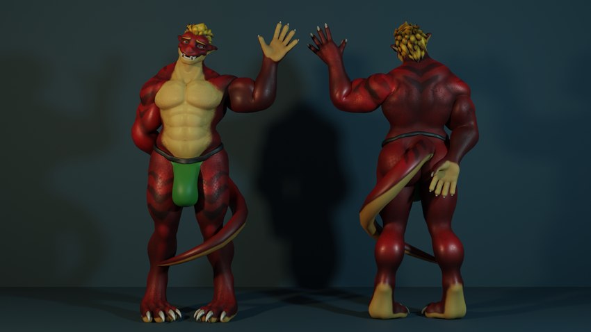 anthro bulge clothed clothing gesture jockstrap looking_at_viewer male musclegut muscular paws red_body shy simple_background slightly_chubby smile solo tail tail_wrapped topless underwear waving waving_at_viewer dergdrister mythology tyler_(dergdrister) dragon mythological_creature mythological_scalie scalie 3d_(artwork) digital_media_(artwork) hi_res