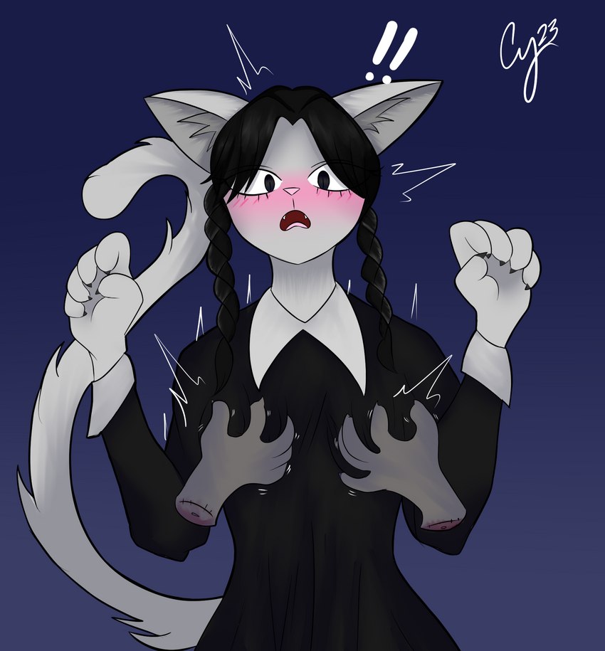 anthro blush blushing_profusely braided_hair breast_grab breasts clothed clothing disembodied_hand dress female fur grope hair hand_on_breast pigtails shocked simple_background solo white_body white_fur wide_eyed cybeeyoru the_addams_family wednesday_addams hi_res