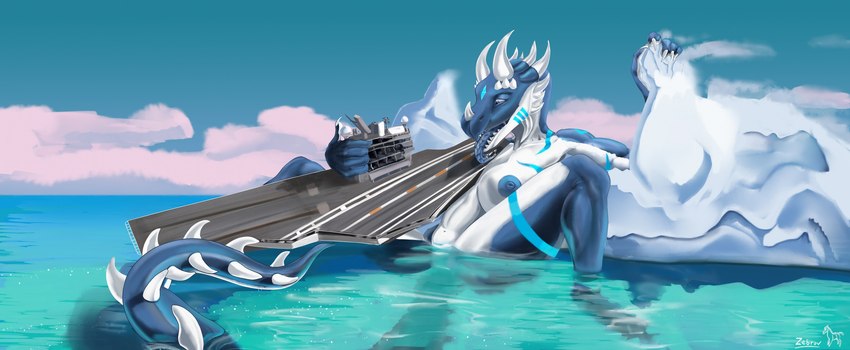 aircraft_carrier anthro blue_body blue_nipples blue_tongue breasts female iceberg licking nipples sea ship simple_background smile solo spread_legs spreading tail tongue tongue_out vehicle water watercraft zebrov cryia reptile scalie hi_res