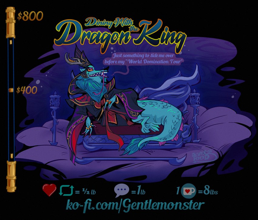 anthro blue_body blue_scales chair clothing dialogue donation_drive furniture headgear horn jewelry long_mustache male mane red_eyes ring scales solo tail text throne underwater_scenery devil's_food asian_mythology chinese_mythology east_asian_mythology mythology the_monkey_king_(netflix) dragon_king dragon eastern_dragon marine mythological_creature mythological_scalie scalie hi_res url