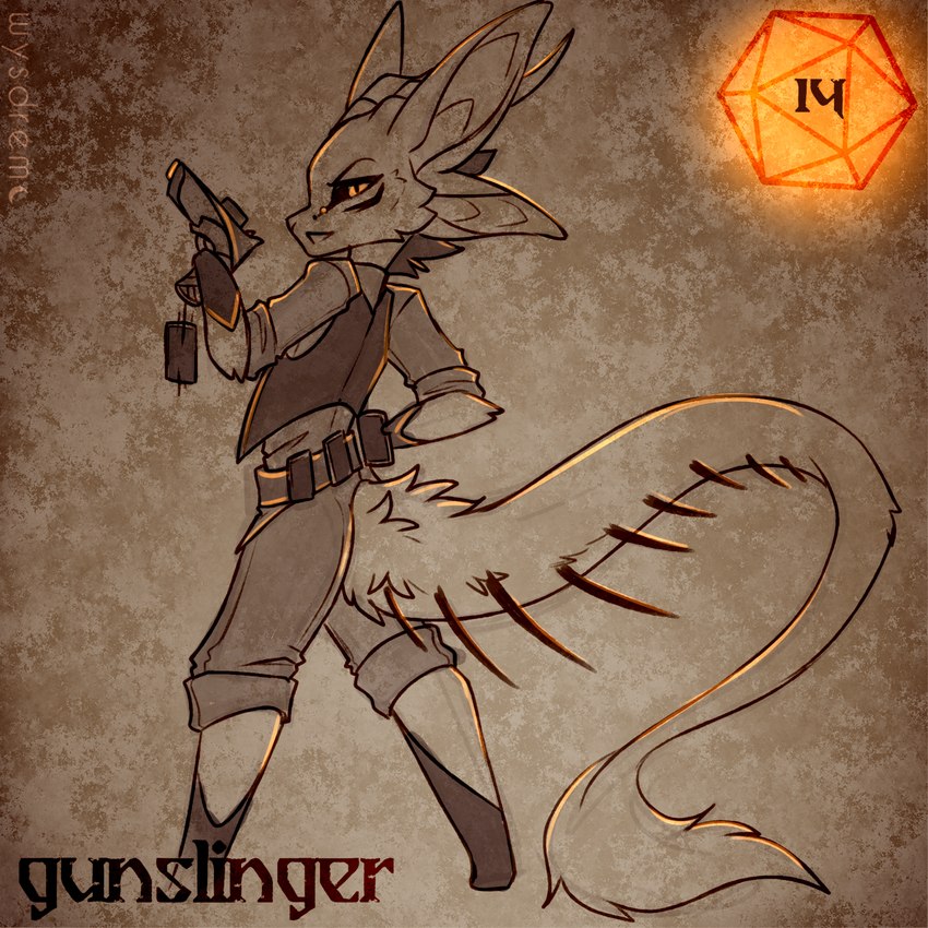 ambiguous_gender anthro belt clothing d20 dice gun gunslinger holding_gun holding_object holding_ranged_weapon holding_weapon holidays long_tail looking_at_viewer multi_ear orange_eyes ranged_weapon solo spiked_tail spikes spikes_(anatomy) standing tail utility_belt weapon wysdrem halloween hybrid unknown_species 1:1 hi_res