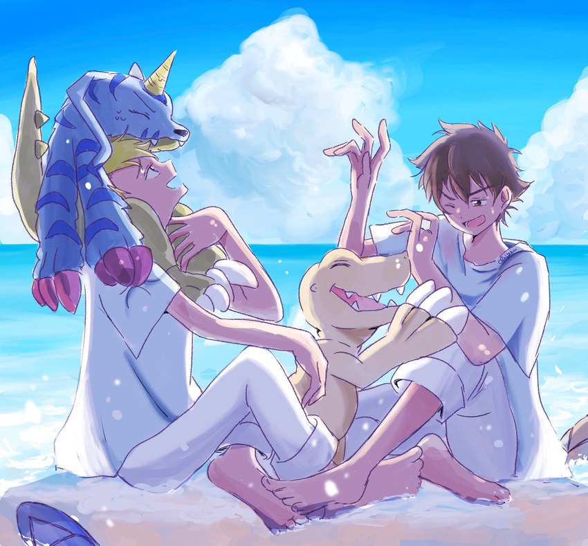 animal_skin anthro barefoot beach blonde_hair brown_hair feet fur group hair horn male seaside splash striped_body striped_fur stripes water chiyu1995 bandai_namco digimon matt_ishida taichi_kamiya agumon digimon_(species) gabumon human mammal hi_res