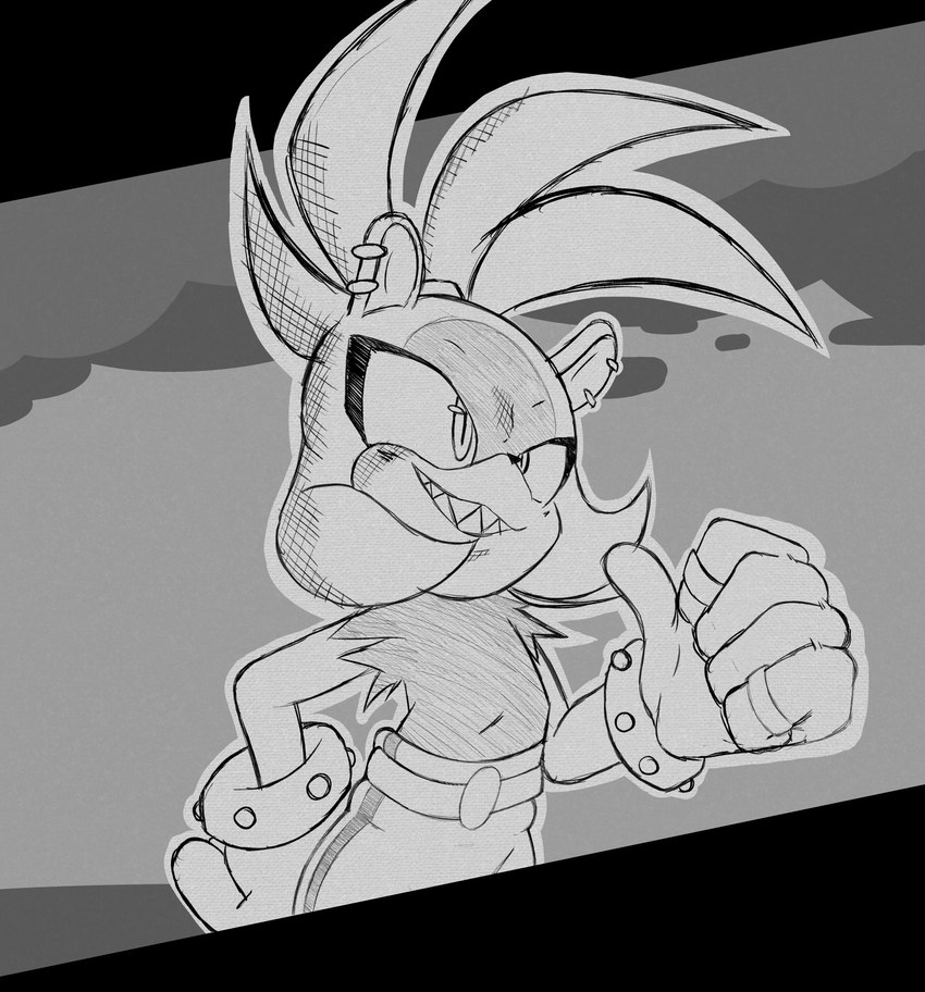 anthro clothed clothing cloud female gloves handwear sky solo teeth mrbreadmcman idw_publishing sega sonic_the_hedgehog_(comics) sonic_the_hedgehog_(idw) sonic_the_hedgehog_(series) surge_the_tenrec absurd_res hi_res monochrome sketch