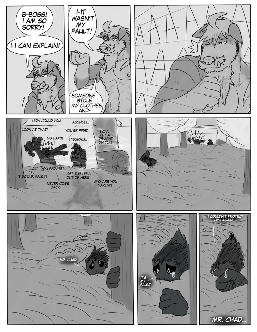 abs anthro barazoku beard bodily_fluids body_hair crying dialogue facial_hair fangs forest fur group happy_trail hiding male markings muscular muscular_anthro muscular_male mustache nipples nude one_eye_closed outside overweight overweight_male pecs plant profanity pubes screaming sweat sweatdrop tears teeth text tree zordykeaboo home_zomewhere_else chad_harman mothoc toto_(hze) arthropod canid canine canis dobermann domestic_dog hybrid insect lepidopteran mammal mastiff molosser moth nordic_sled_dog pinscher rottweiler samoyed spitz suid suine sus_(pig) wild_boar comic english_text hi_res