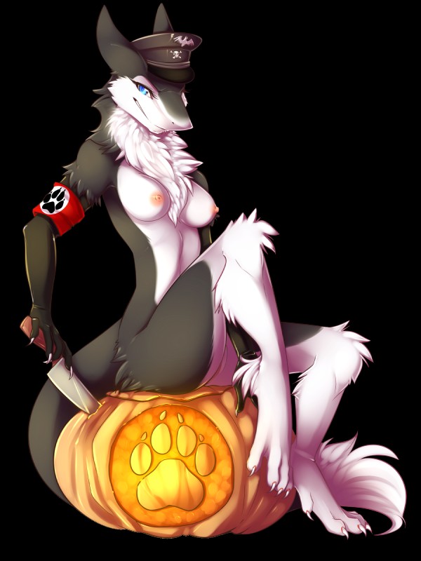 anthro armband armwear blue_eyes breasts chest_tuft claws clothing ears_back elbow_gloves female food fruit fur furry_raiders genitals gloves handwear hat headgear headwear jack-o'-lantern knife looking_at_viewer mostly_nude nazi nazi_armband nazi_uniform nipples paws pivoted_ears plant pumpkin pussy raider simple_background sitting sitting_on_pumpkin solo tail transparent_background tuft spazzykoneko u-18chan valkyria mammal sergal 3:4 alpha_channel digital_media_(artwork) hi_res shaded