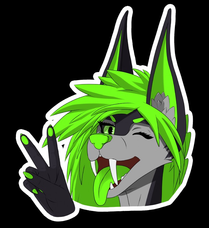 anthro big_ears emote fangs female fur gesture green_eyes green_hair green_nose green_tongue hair hand_gesture looking_at_viewer one_eye_closed sabertooth_(anatomy) simple_background smile solo sticker teeth tongue transparent_background v_sign wink alibiwolf vex_(alibiwolf) canid canine canis hybrid jackal mammal alpha_channel hi_res portrait