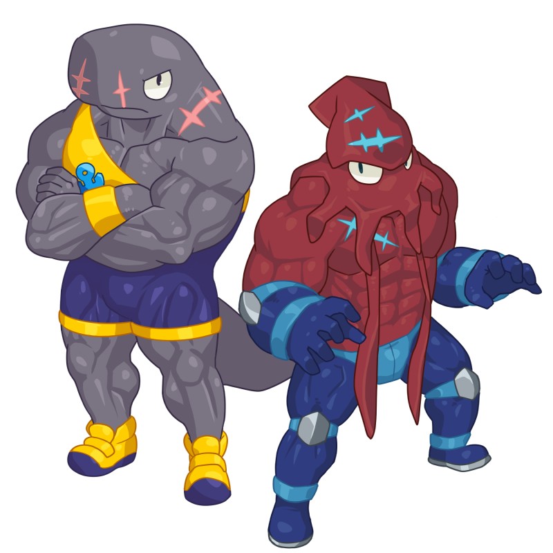 5_fingers abs anthro biceps big_biceps big_muscles blue_body blue_clothing blue_markings blue_scales clothed clothing crossed_arms duo elbow_pads fighting_pose fin fingers footwear front_view frown glare glistening glistening_body hair huge_muscles humanoid_hands knee_pads long_hair male male/male manly markings muscular no_pupils noseless pecs pose pseudo_hair purple_clothing quads scales scar serratus shoes simple_background standing symbol tail tail_fin tentacle_hair tentacles thick_neck topless triceps white_background wrestler wrestling_singlet plain_white samudra_aquarium calamari submarine_(plain_white) cephalopod cetacean coleoid decapodiform giant_squid mammal marine mollusk physeteroid scalie sperm_whale squid toothed_whale whale 1:1 2015 absurd_res digital_media_(artwork) full-length_portrait hi_res portrait