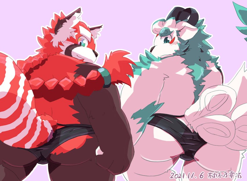 anthro brown_body bulge butt clothing duo kemono male overweight overweight_male red_body underwear white_body young yukino_kouta asian_mythology east_asian_mythology japanese_mythology lifewonders mythology tokyo_afterschool_summoners agyo_(tas) zhurong_(tas) ailurid foo_dog komainu mammal red_panda yokai 2021