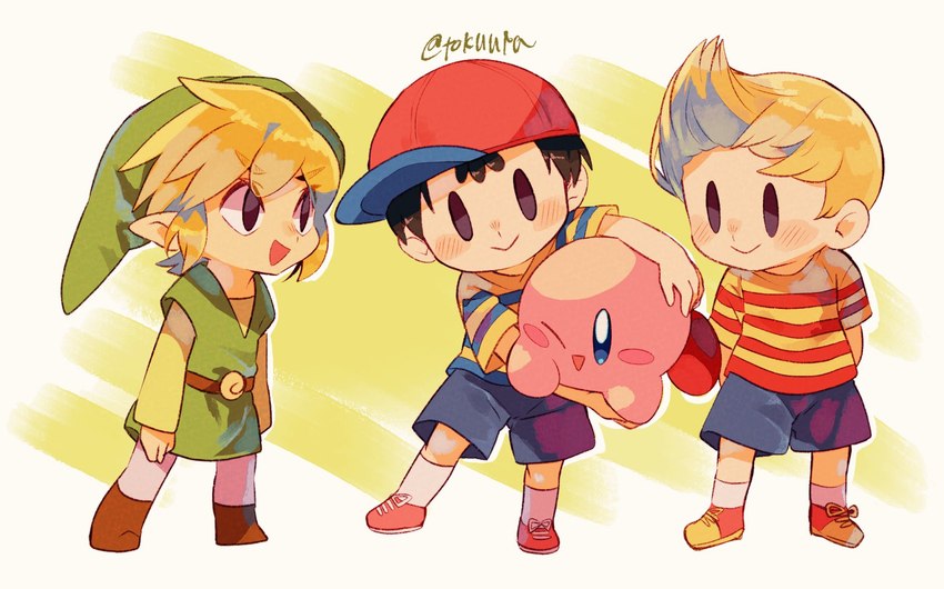 black_hair blonde_hair carrying_another clothing footwear group hair hat headgear headwear humanoid_pointy_ears light_body light_skin male not_furry open_mouth open_smile pointy_ears shirt simple_background smile topwear tunic tokuura earthbound_(series) kirby_(series) nintendo super_smash_bros. the_legend_of_zelda wind_waker kirby lucas_(earthbound) ness toon_link alien human humanoid hylian mammal waddling_head crossover hi_res signature